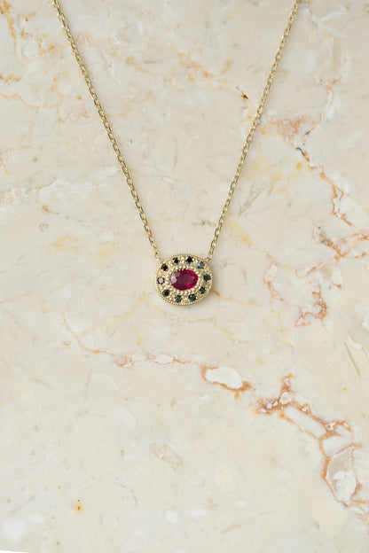 Jennie Kwon Ruby Halo Necklace in 14kt yellow gold
