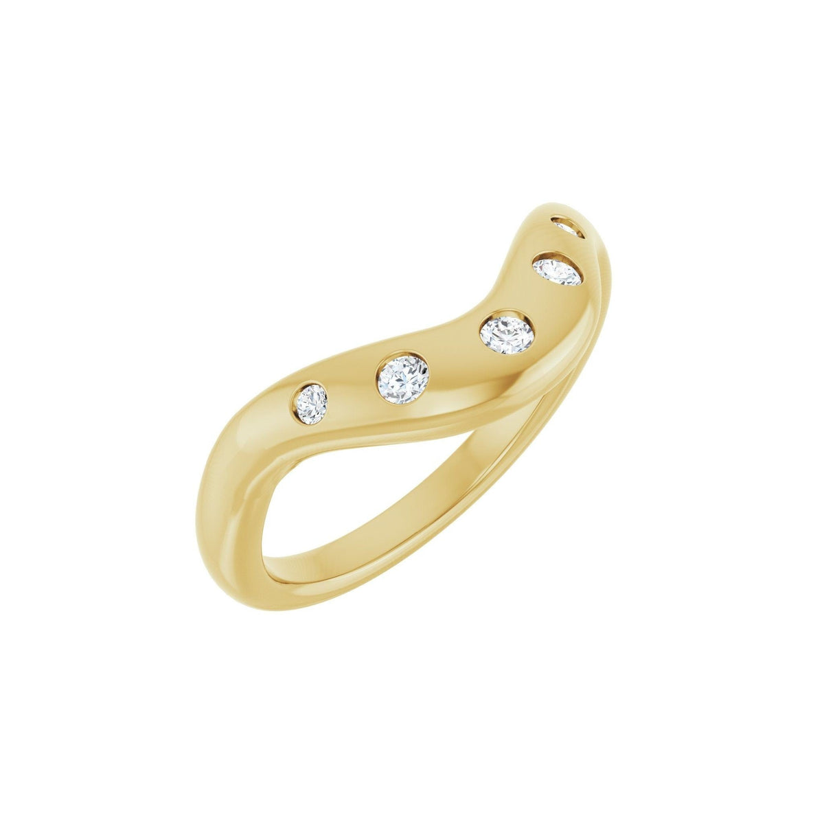 Gypsy Embrace contour wedding band in 14kt yellow gold with flush set round diamonds, perspective view