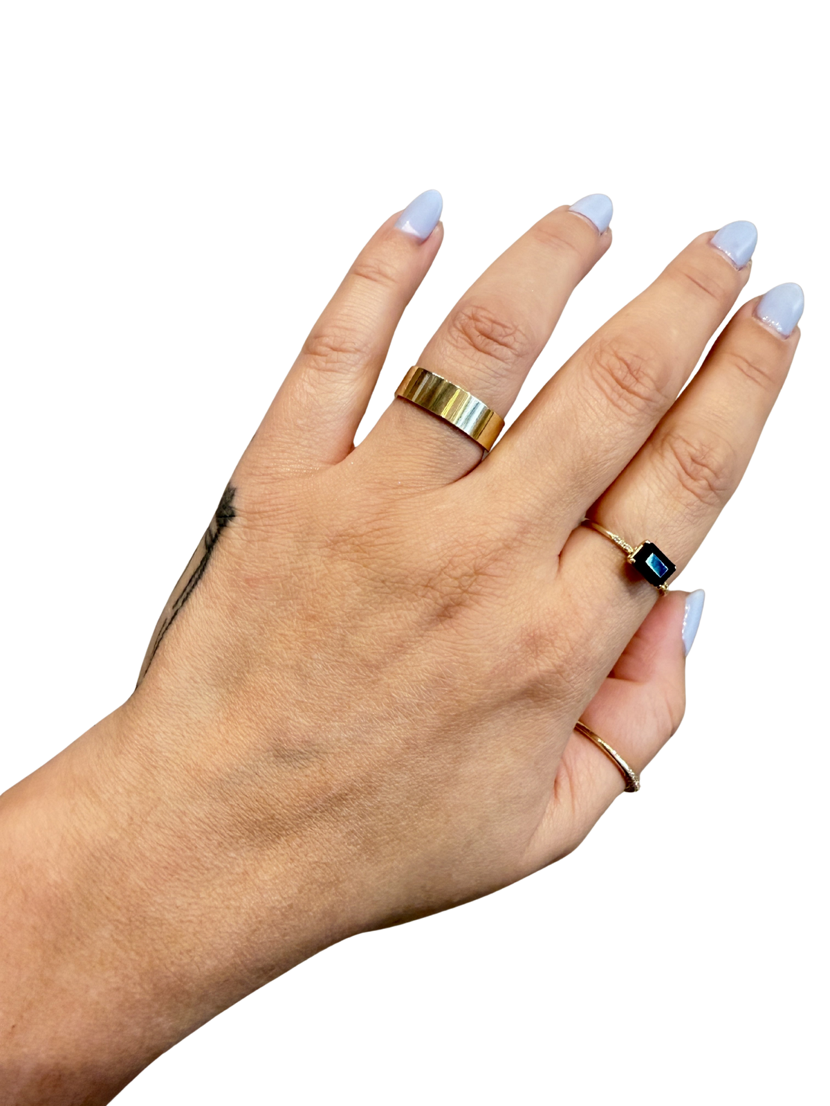 Classic Cigar Wedding Band by Lane &amp; Kate in 14kt yellow gold worn on the hand