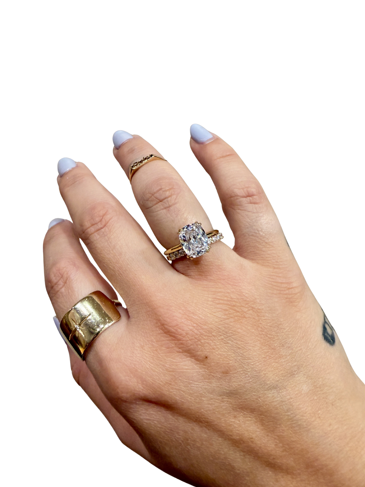 Classic Diamond Wedding Band by Lane &amp; Kate stacked with an engagement ring