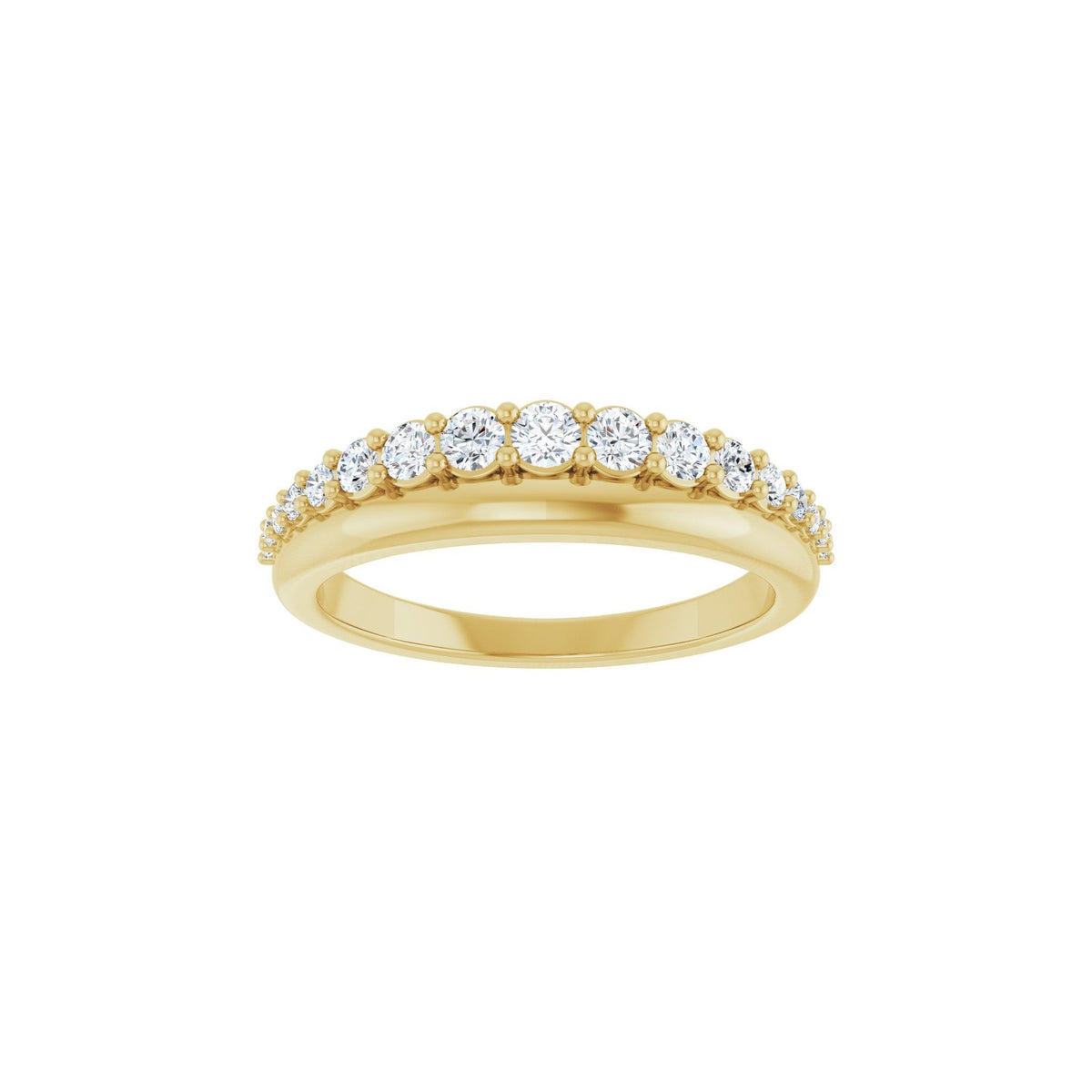 Golden Dawns wedding band in 14kt yellow gold with graduated round diamonds, front view