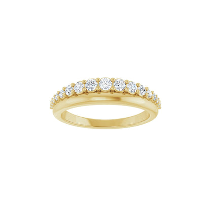 Golden Dawns wedding band in 14kt yellow gold with graduated round diamonds, front view