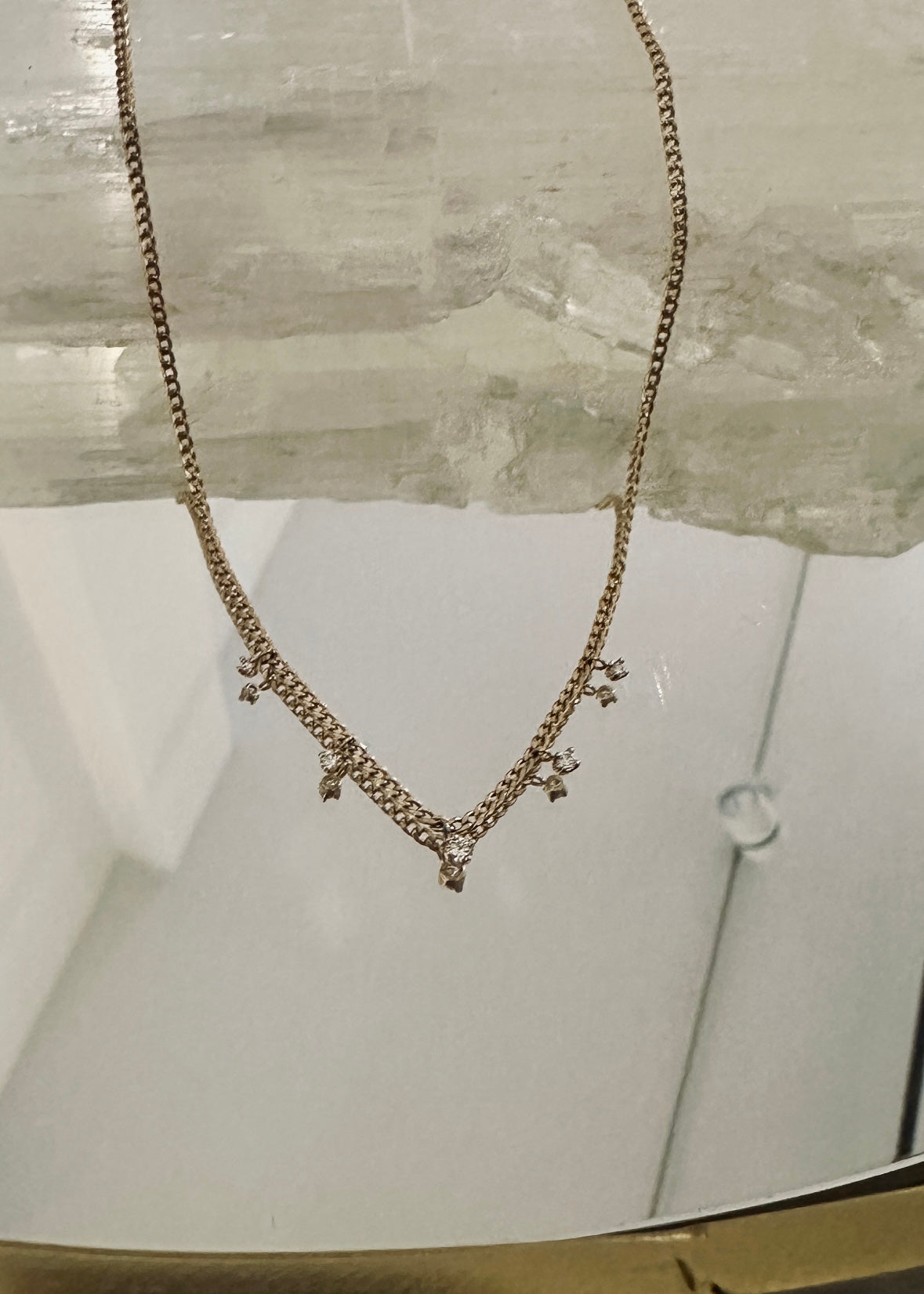 5 Dangling Prong Set Diamonds Curb Chain worn layered