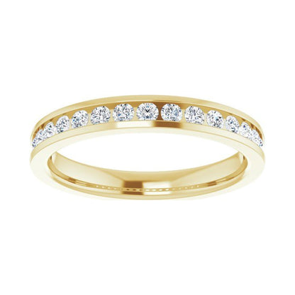 Channel Divina wedding band in 14kt yellow gold with channel set round diamonds, front view