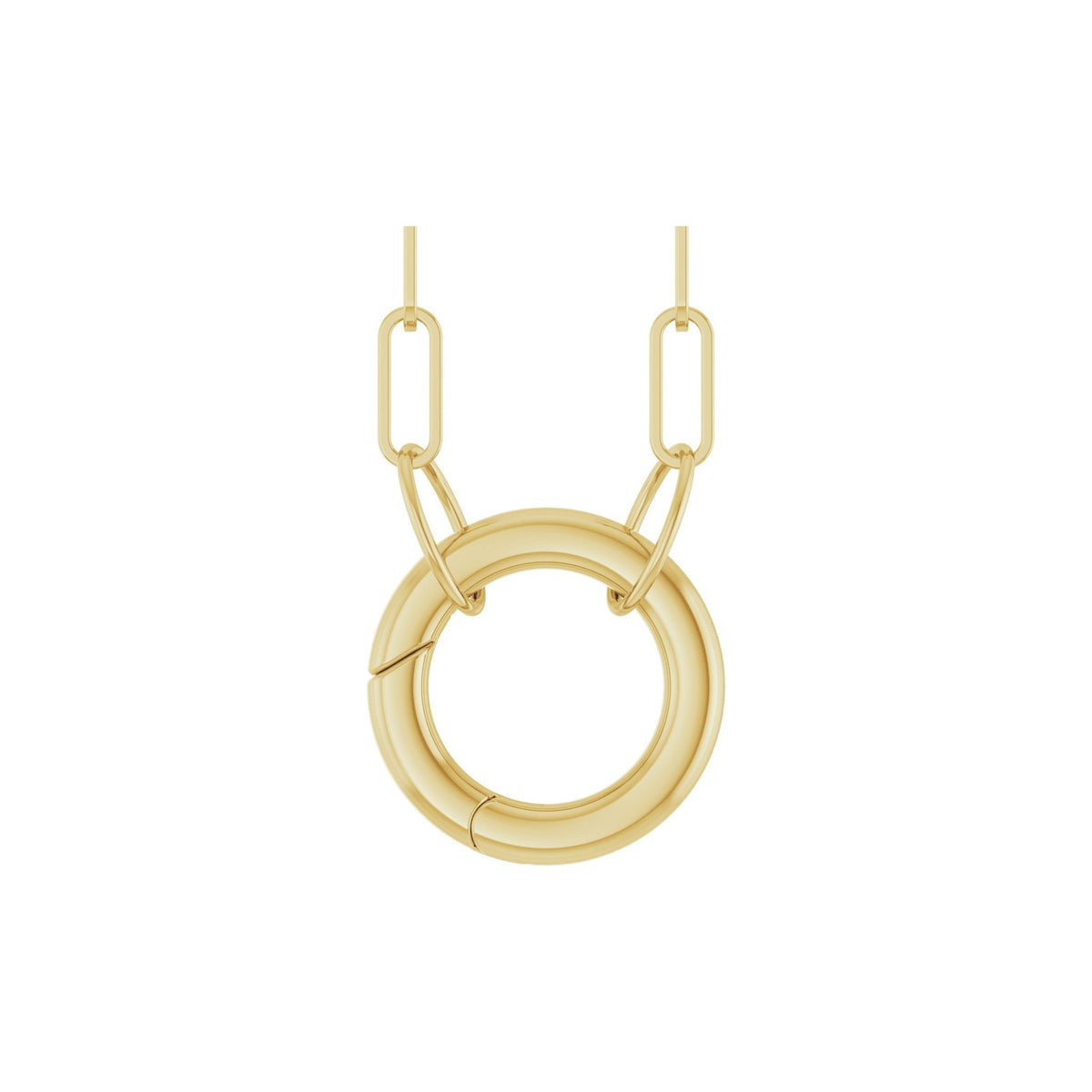 Paperclip Circle Charm Necklace in 14kt yellow gold, hinged circle charm holder on a paperclip chain, front view