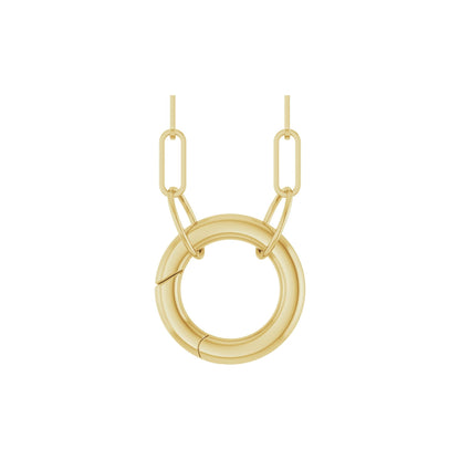 Paperclip Circle Charm Necklace in 14kt yellow gold, hinged circle charm holder on a paperclip chain, front view