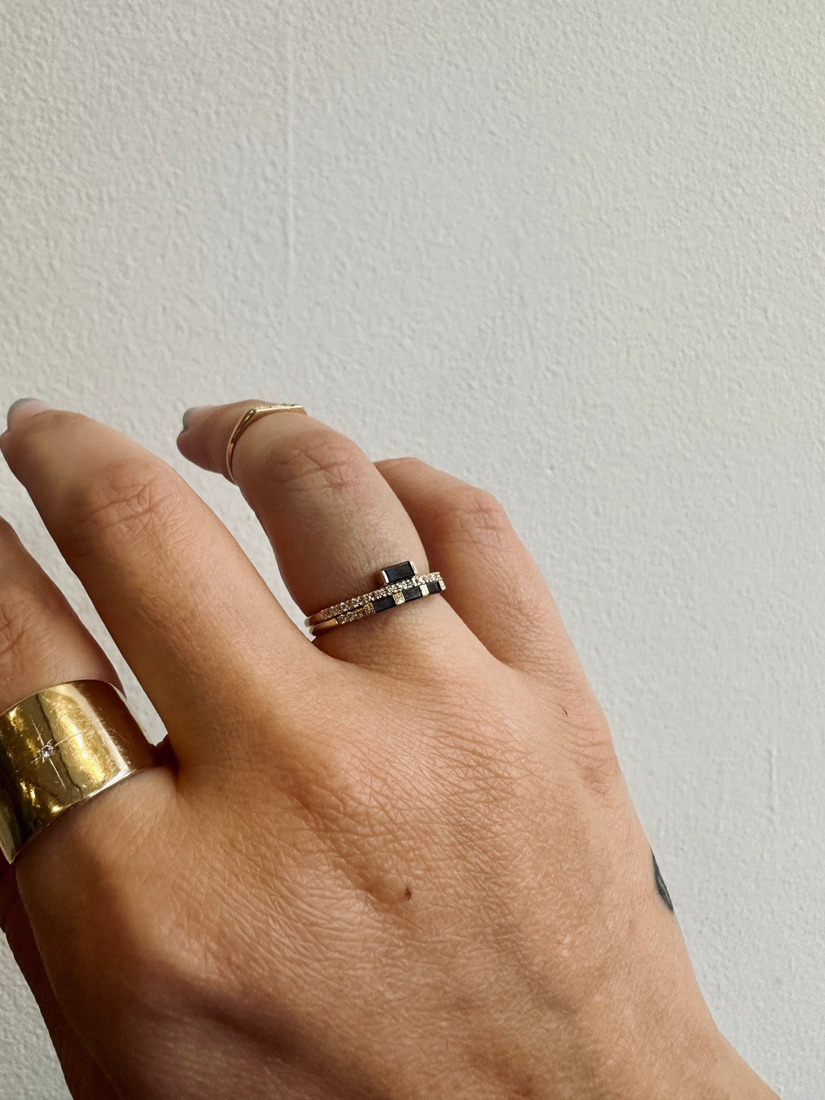 Three Black Diamond Baguette Band in 14kt yellow gold, product view 2