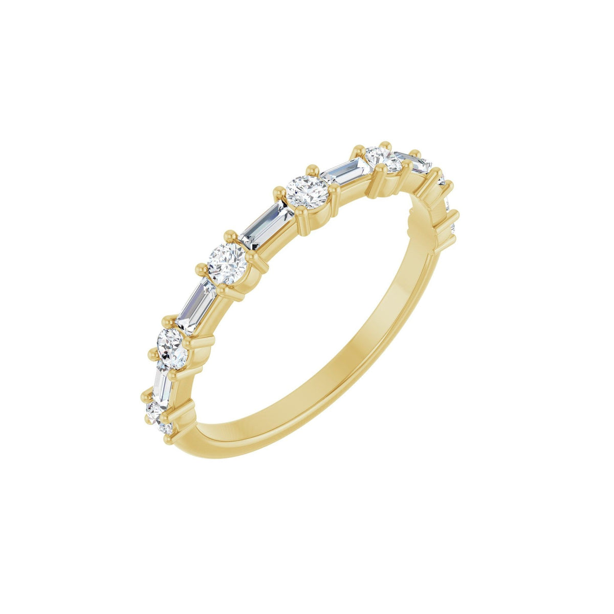 Cora Baguettes wedding band in 14kt yellow gold with baguette and round diamonds, perspective view
