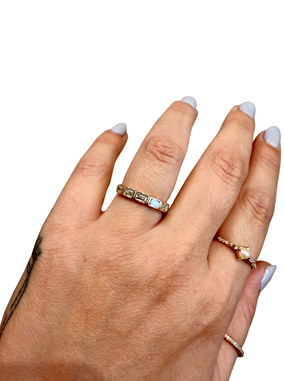 Diamond Manifestations Wedding Band by Lane &amp; Kate, 14kt solid gold, 3.75x2.5mm emerald cut diamonds, bezel setting, lab grown or natural diamonds