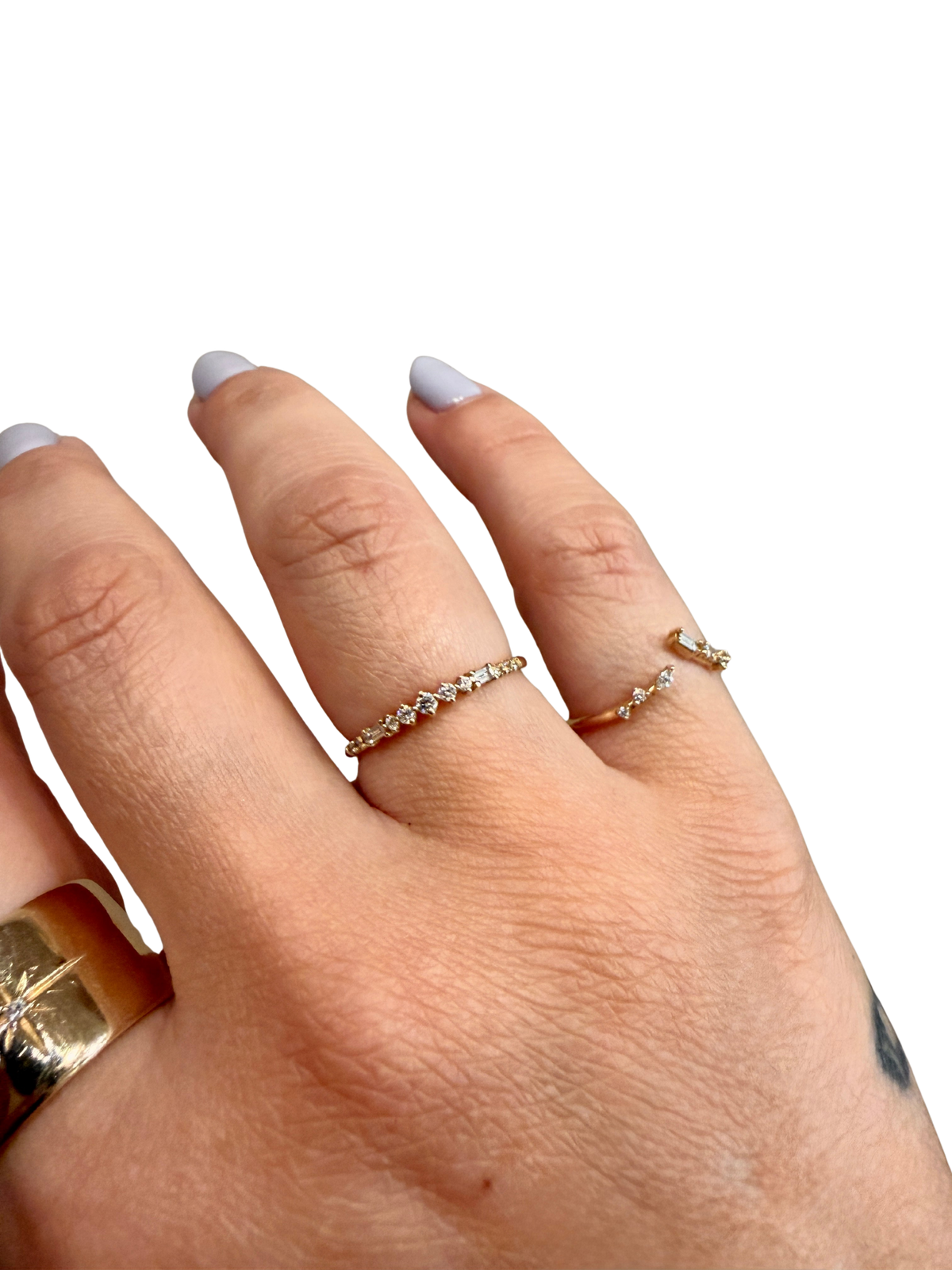Diamond Baguette Prelude Ring by Jennie Kwon, 14kt gold 1.3mm band, two 2 x 1.25mm baguette diamonds, six 1mm, two 1.2mm