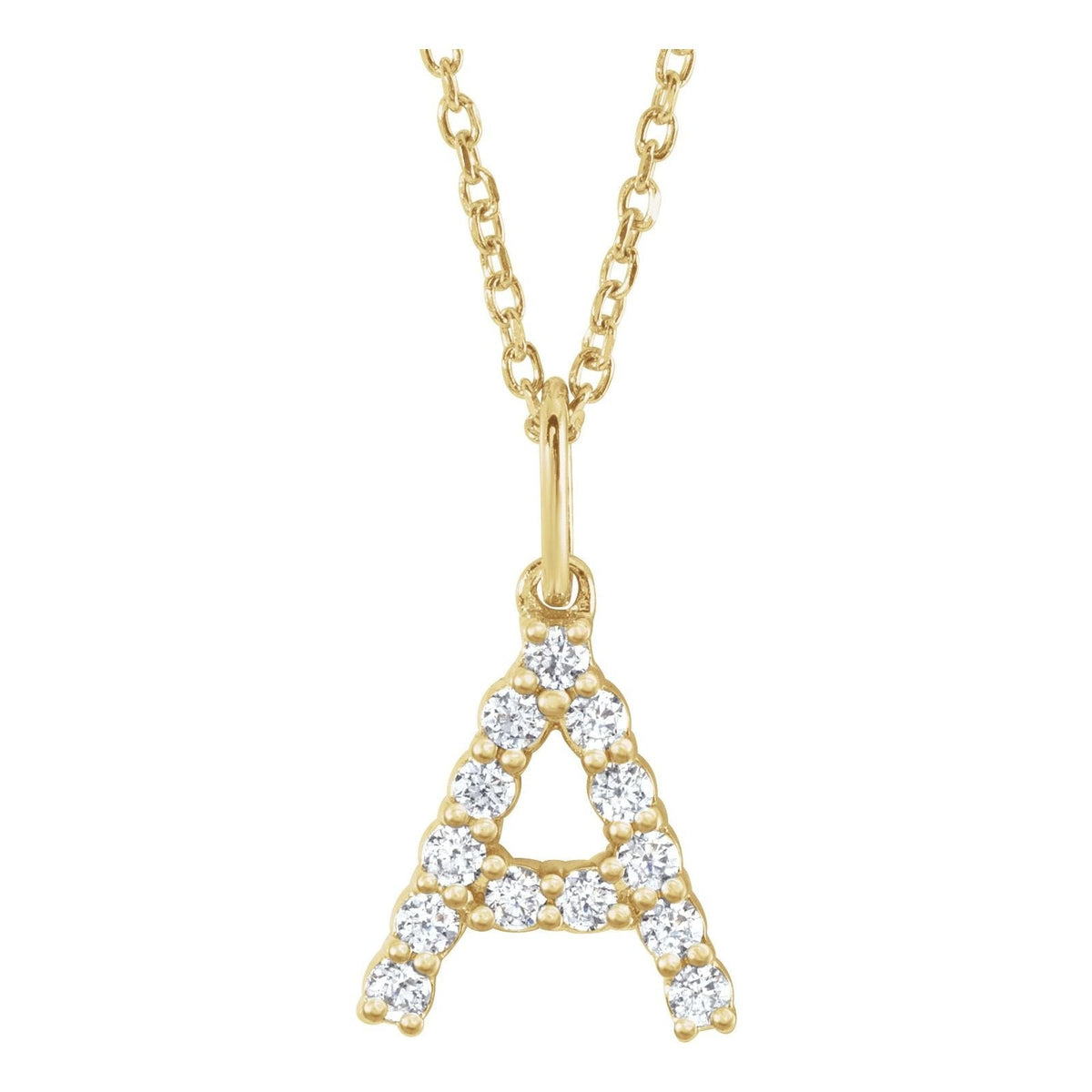 14kt yellow gold petite diamond initial A necklace on a cable chain, front view