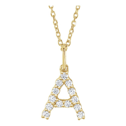 14kt yellow gold petite diamond initial A necklace on a cable chain, front view