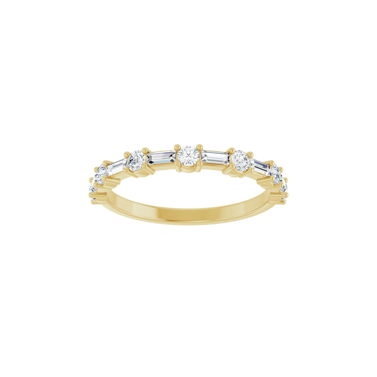 Cora Baguettes wedding band in 14kt yellow gold with baguette and round diamonds, front view