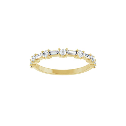Cora Baguettes wedding band in 14kt yellow gold with baguette and round diamonds, front view