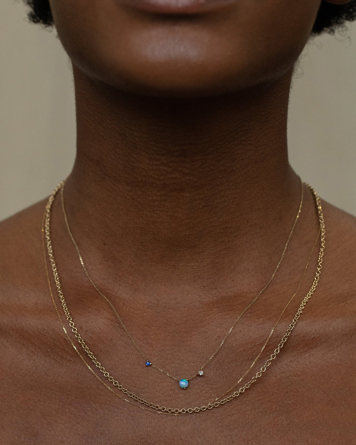 Opal &amp; Diamond Three Step Necklace worn, close up