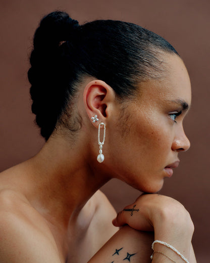 Pearl Hitch Earrings worn, side view