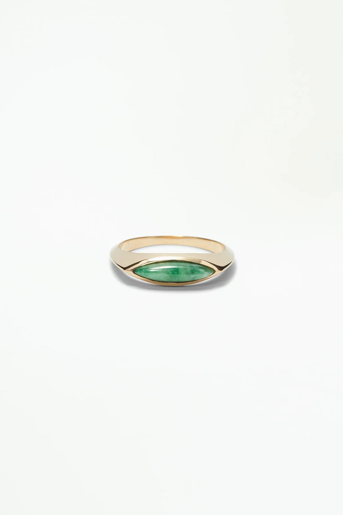 Jadeite Eye Signet Ring by WWAKE, 14kt recycled gold, knife edge band tapers from 3.2mm to 1.1mm