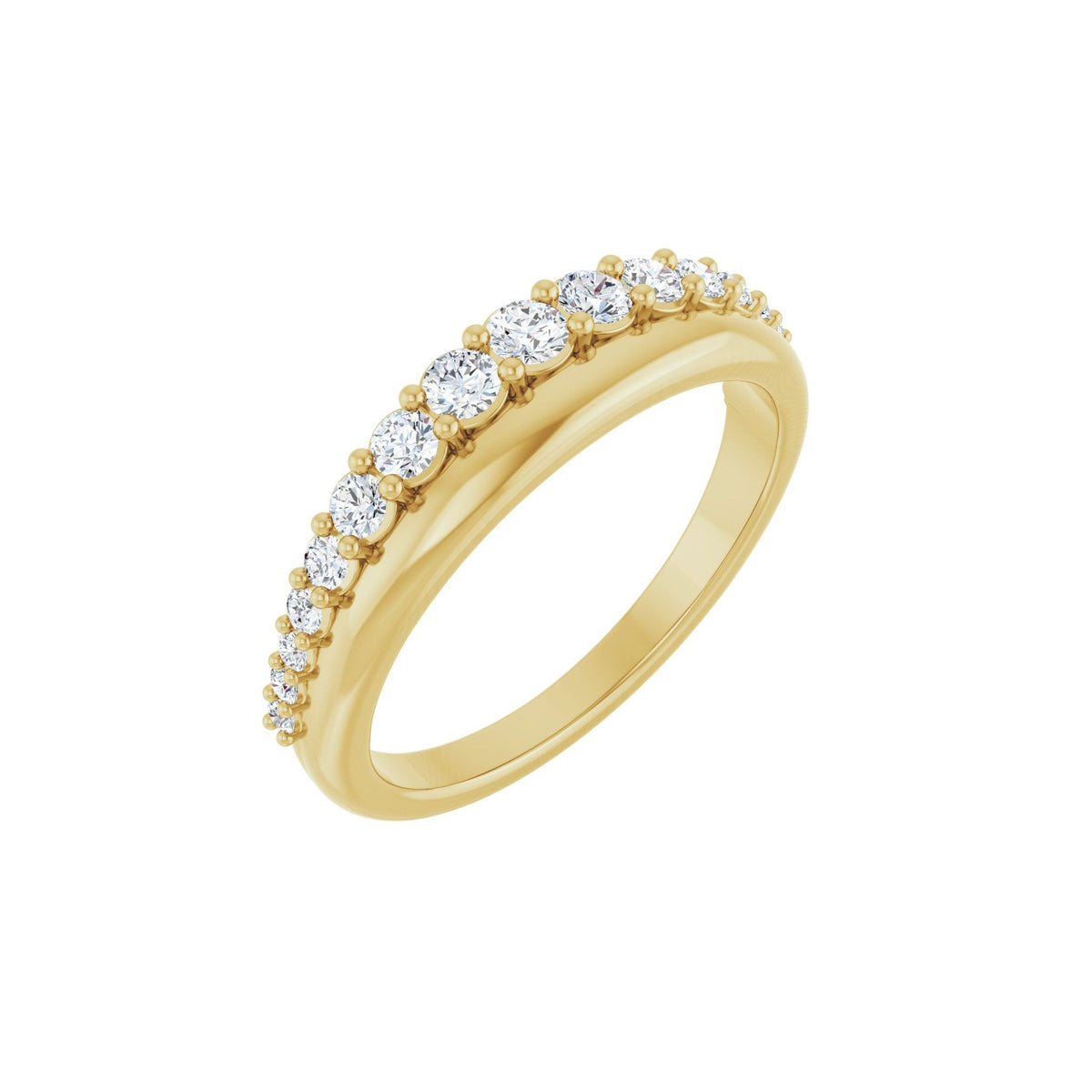 Golden Dawns wedding band in 14kt yellow gold with graduated round diamonds, perspective view