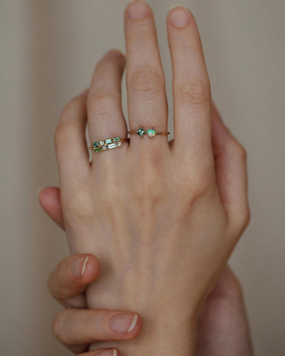 Tourmaline &amp; Diamond Brickwork Ring worn on the hand with a stacking ring
