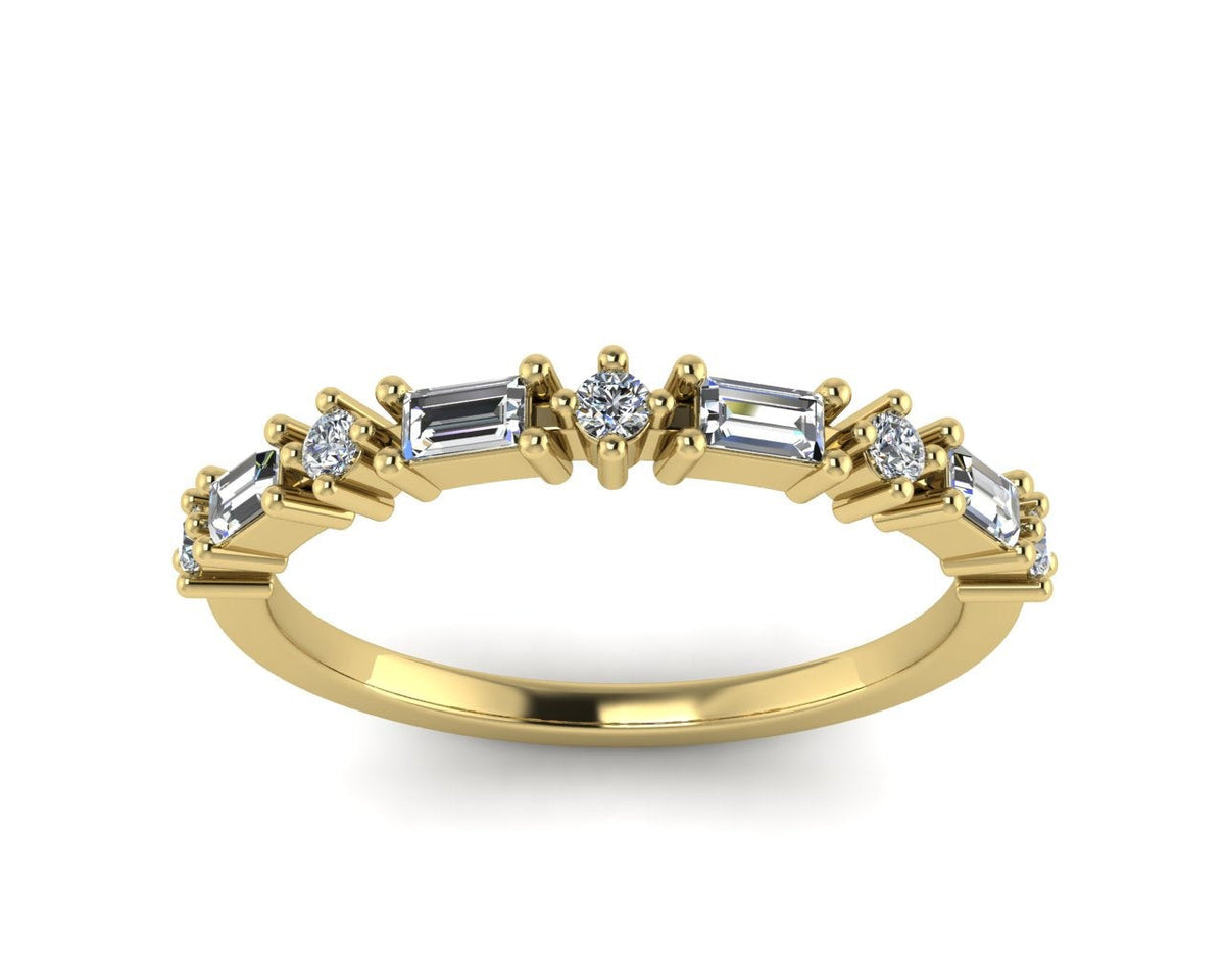 Golden Dusk Wedding Band with east to west baguette and round diamonds, front view