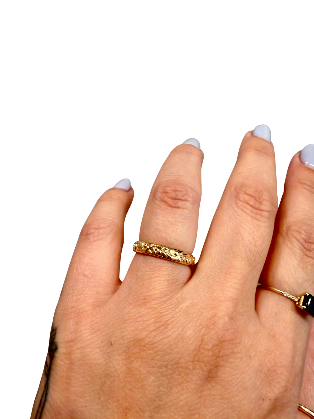 Golden Floral Wedding Band by Lane &amp; Kate, 14kt solid gold, sculpted vine and floral design all the way around, polished finish