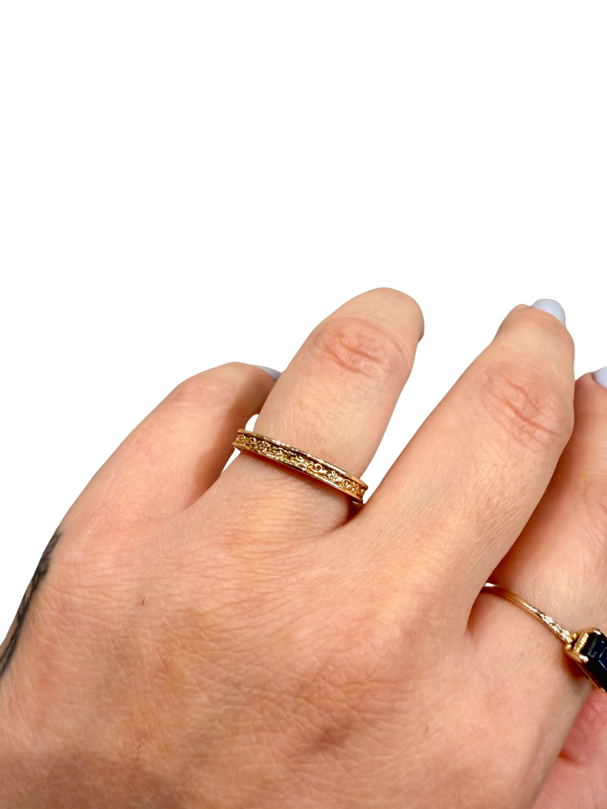 Golden Gardens Wedding Band by Lane &amp; Kate, 14kt solid gold, engraved floral and vine design on the top and both sides, polished finish