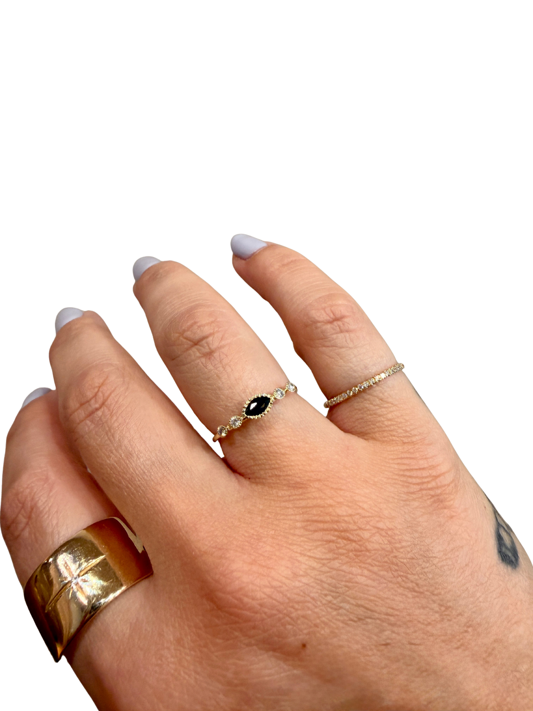 Marquise Sapphire Dew Ring by Jennie Kwon, 14kt gold, four 1.5mm white diamonds, milgrain detail