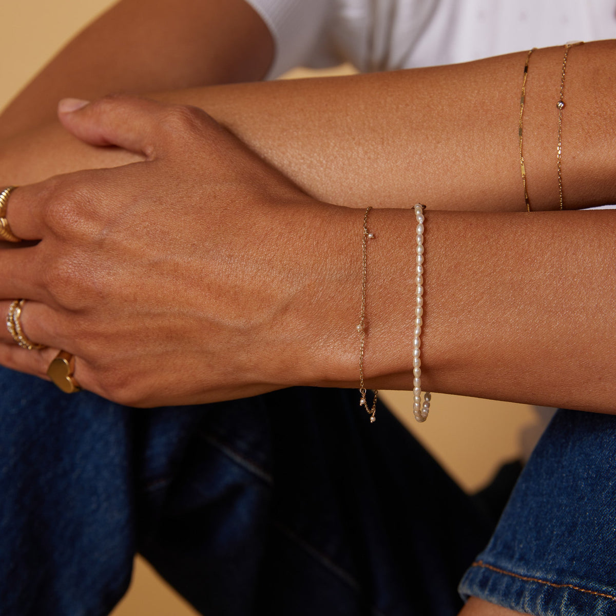 Pearl Rice Bracelet by Gjenmi stacked with the Pearl Shaker Bracelet
