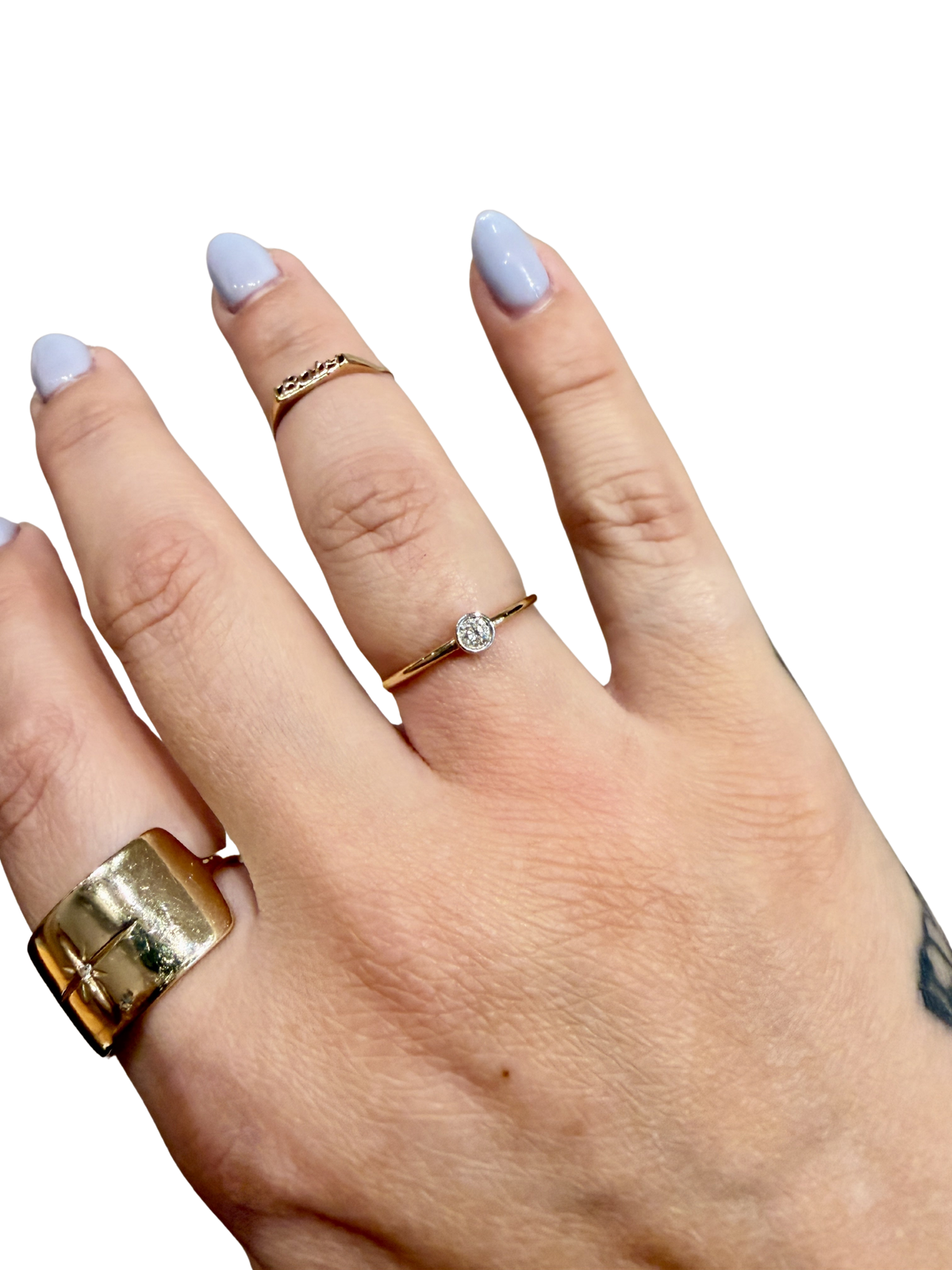 Solo Diamond Ring by Lane &amp; Kate, bezel set diamond stacking ring worn on the hand