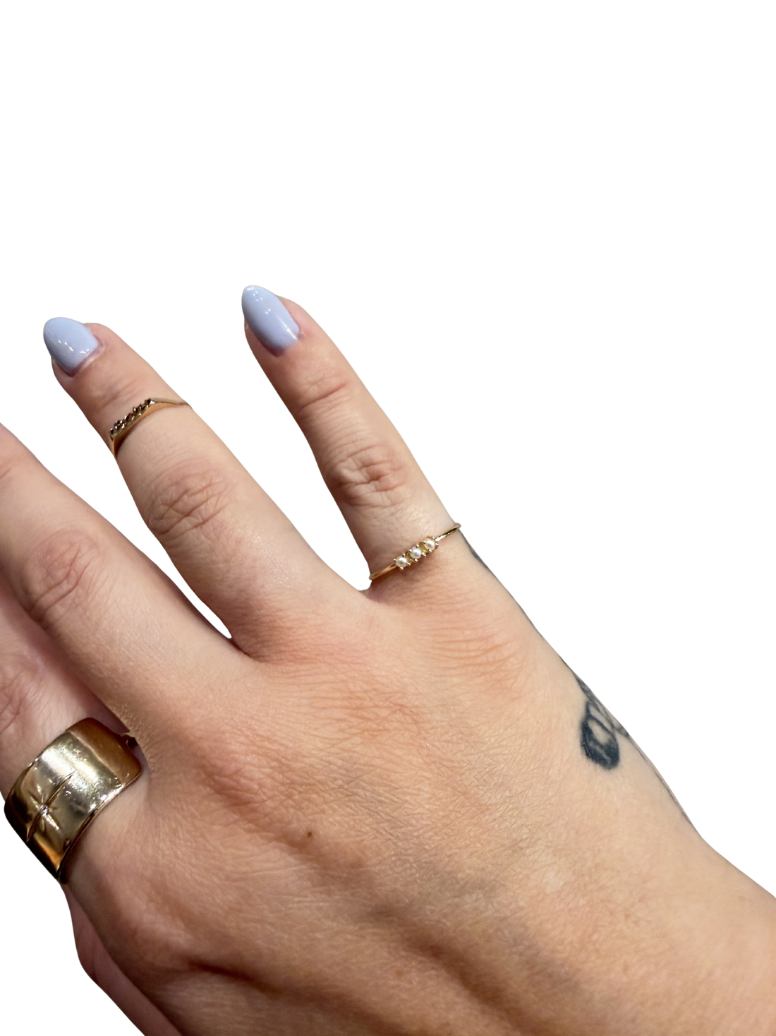 Tri Pearl Ring by Jennie Kwon, three pearls in 14kt gold, worn on the hand