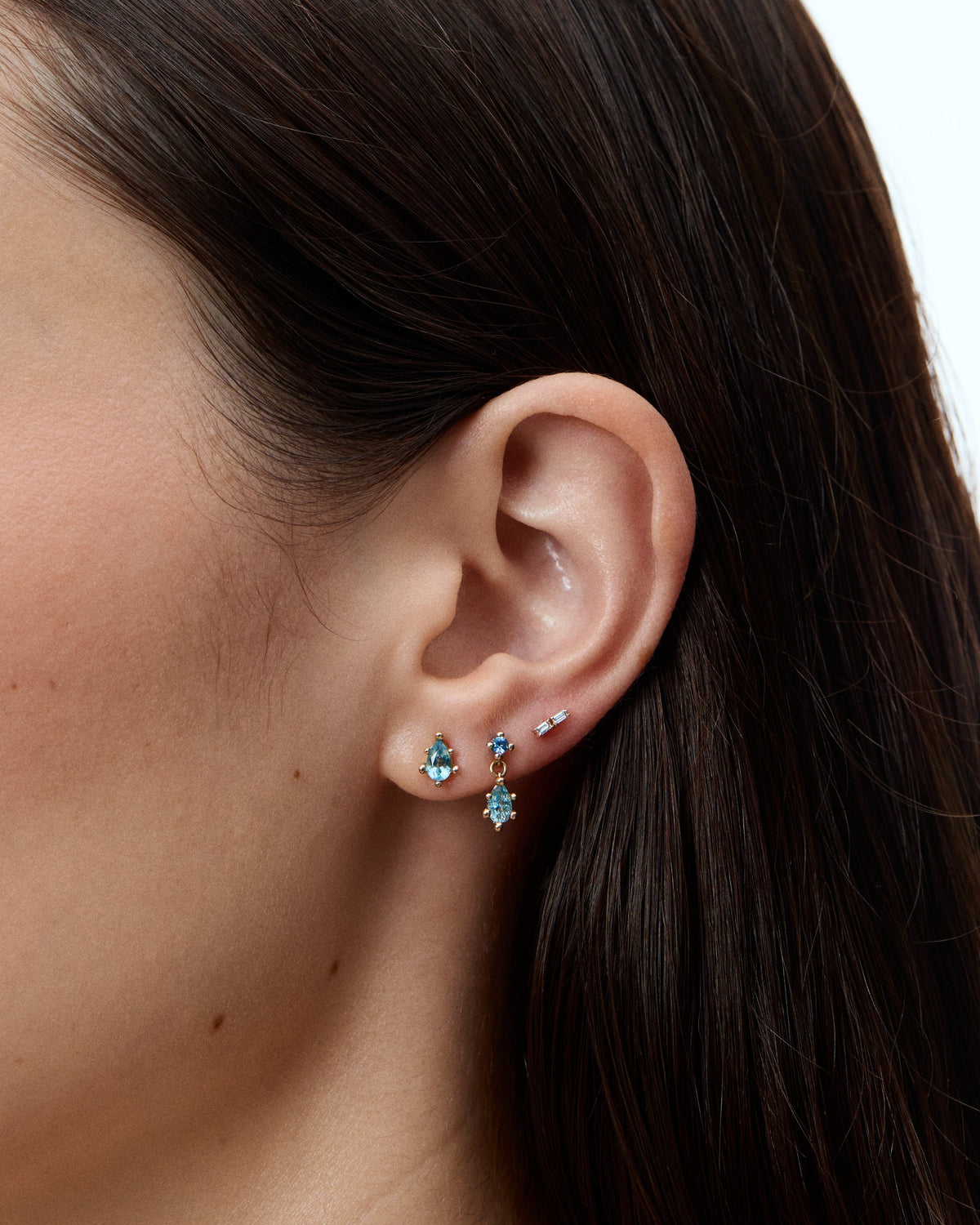 WWAKE Aquamarine Beaded Teardrop Earring worn in an ear stack